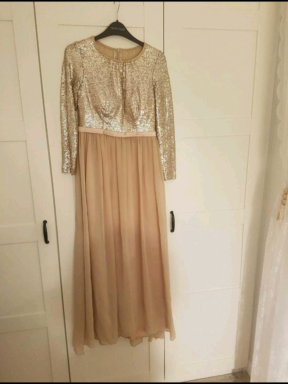Sequin Bodice Long Sleeve Chiffon Maxi Dress - Gold/Beige